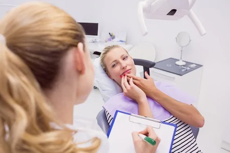 A female patient with a toothache and dental emergency at emergency dental care.