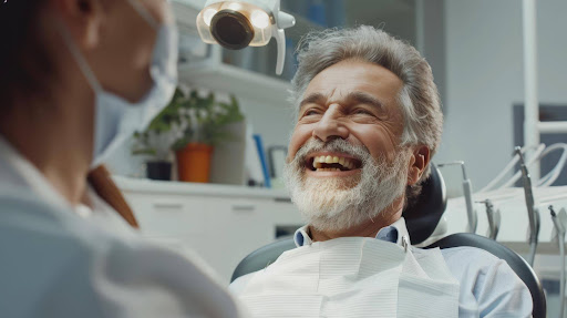 A happy elderly patient during a full mouth restoration dental consultation at a dental clinic.