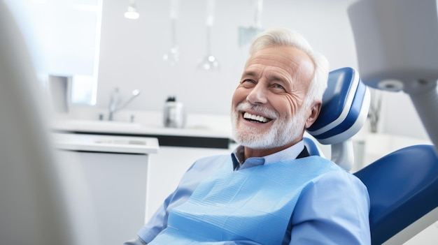 Smiling older man in a dental clinic during a free consultation for full arch dental implants near you, relaxed in a dental chair.