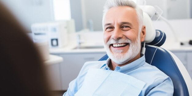 Patient smiling at the dental clinic during a full arch dental implants treatment consultation.