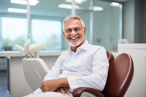 Senior male patient smiling comfortably in a dental chair at a modern dental clinic during a free consultation.