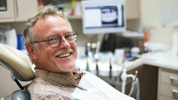 Smiling elderly male patient sitting in a dental chair at a modern clinic, in his full mouth dental implants cost consultation discussing his cost of full mouth dental implants smile restoration.