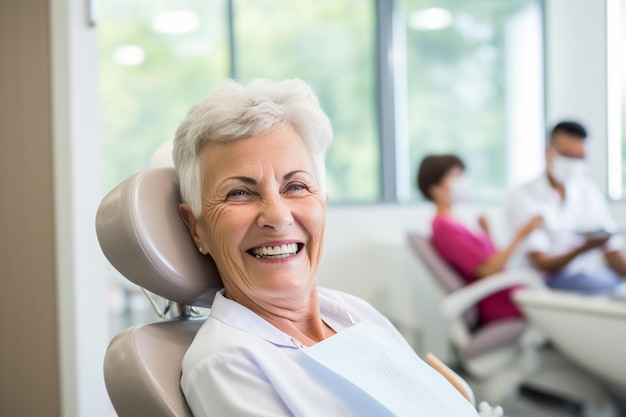 Senior patient at a dental clinic smiling confidently while seated in a treatment chair during a free consultation for full arch dental implants near you.