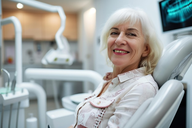 Smiling elderly female patient sitting comfortably in a modern dental chair during a cost of full mouth dental implants consultation.