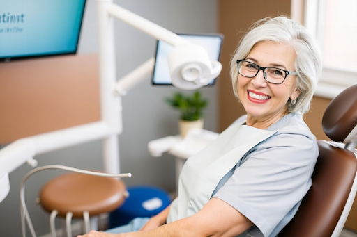 Senior female patient smiling comfortably in a modern dental clinic chair during consultation, representing a positive experience with implant treatment and restorative dental care.