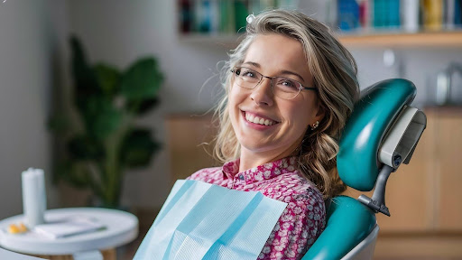 Happy patient during a full mouth restoration dental consultation at a dental clinic.