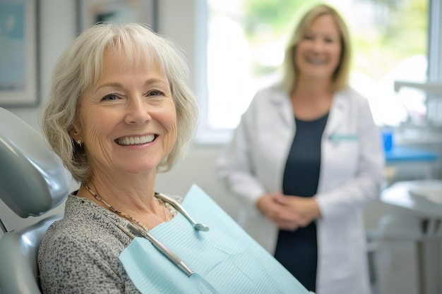 Smiling elderly patient sitting in a dental chair during a free cost of full mouth dental implants consultation at a modern clinic, with a dentist in the background discussing treatment options and smile restoration.
