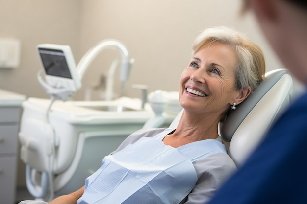 Smiling elderly patient reclining in a dental chair during a cost of full mouth dental implants consultation at a modern clinic.