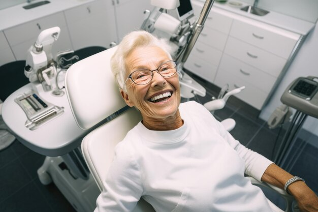 Senior woman in dental chair during a FREE full arch dental implants consultation, showing a healthy smile while receiving professional dental care.