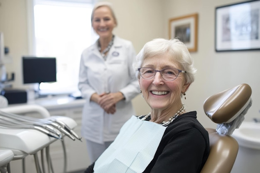 Senior patient smiling comfortably in dental chair during a FREE implants consultation at Hillsboro Dental Excellence.